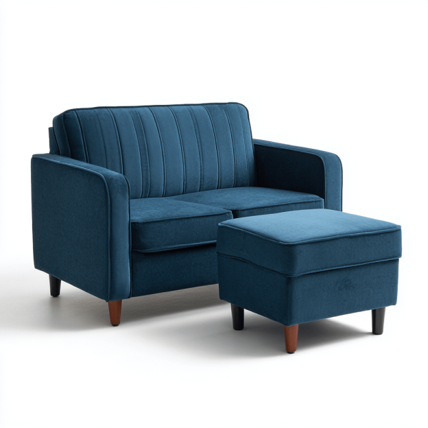 Ensemble canapé 2 places avec repose-pieds – tissu velours bleu – style rétro – assise compacte-Nicheena
