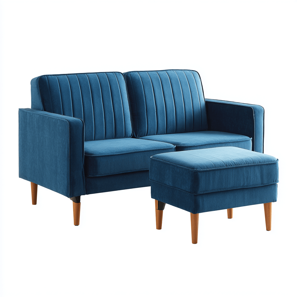 Ensemble canapé 2 places avec repose-pieds – tissu velours bleu – style moderne – pieds en bois clair-Nicheena
