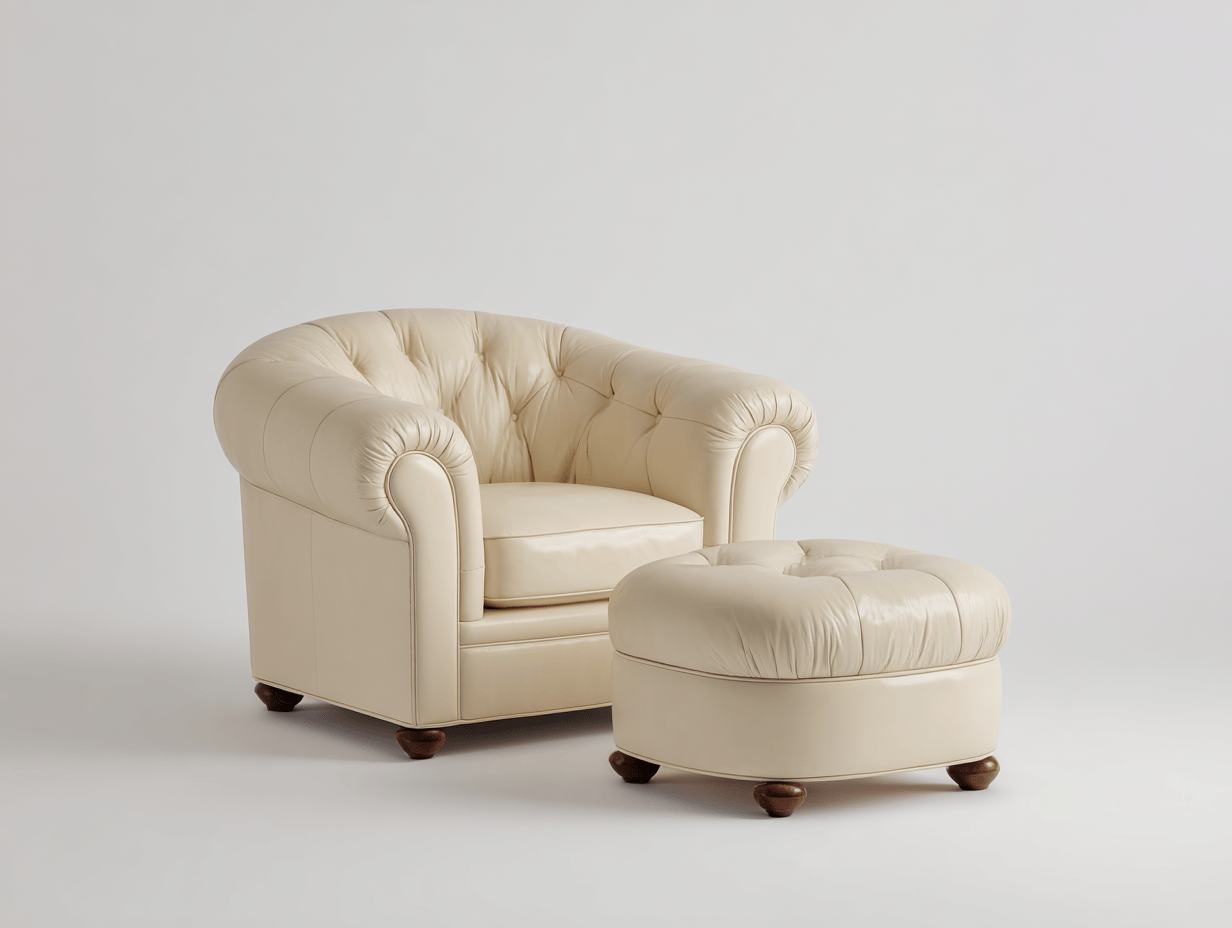 Fauteuil en similicuir blanc avec repose-pieds – style classique capitonné – pieds bois-Nicheena