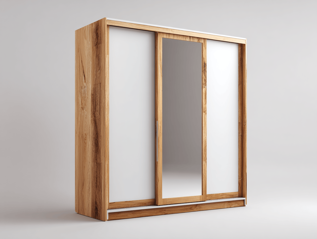 Armoire bois 180×220 cm – chêne clair et blanc – portes coulissantes avec miroir-Nicheena