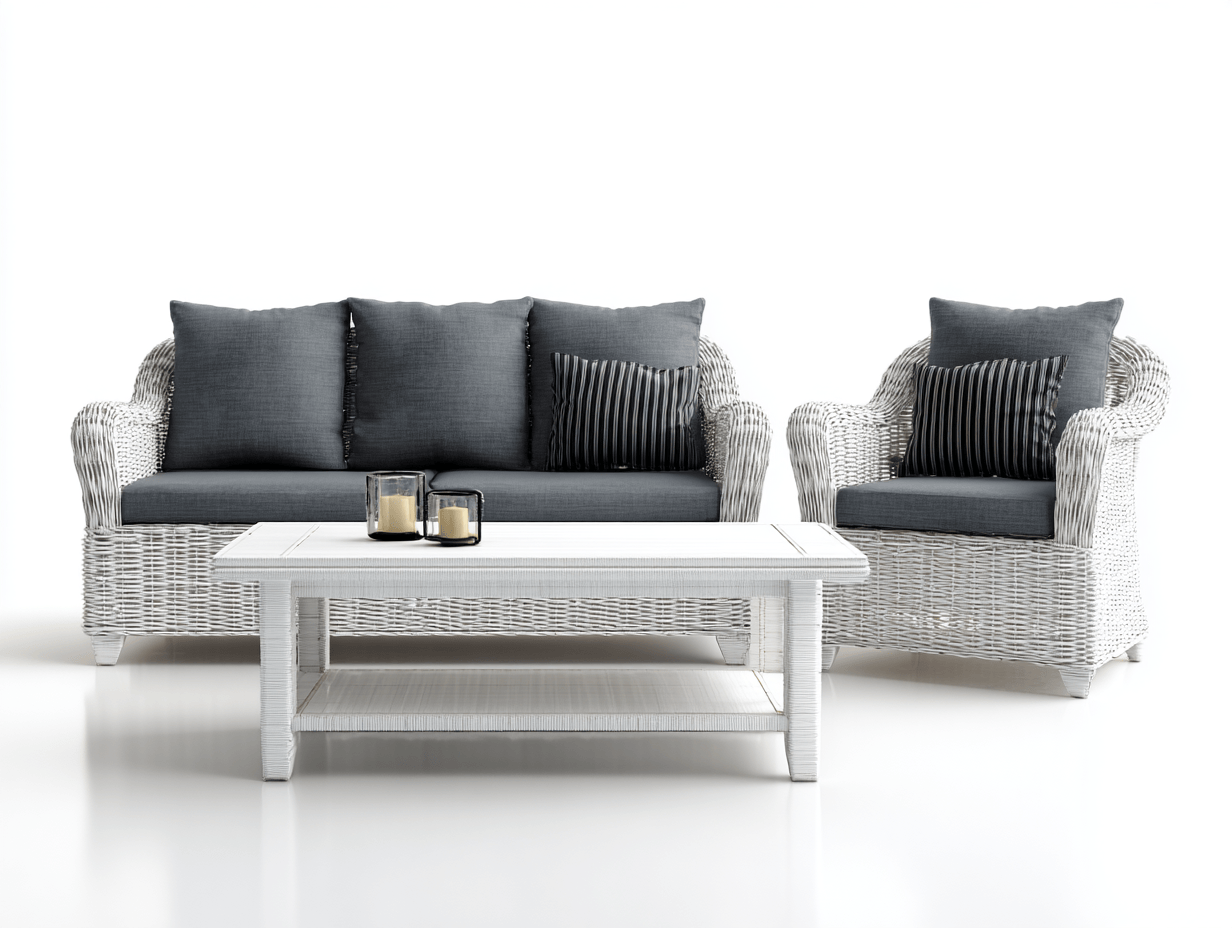 Canapé de jardin en rotin blanc – ensemble 4 places – coussins gris foncé – table rectangulaire – style moderne-Nicheena