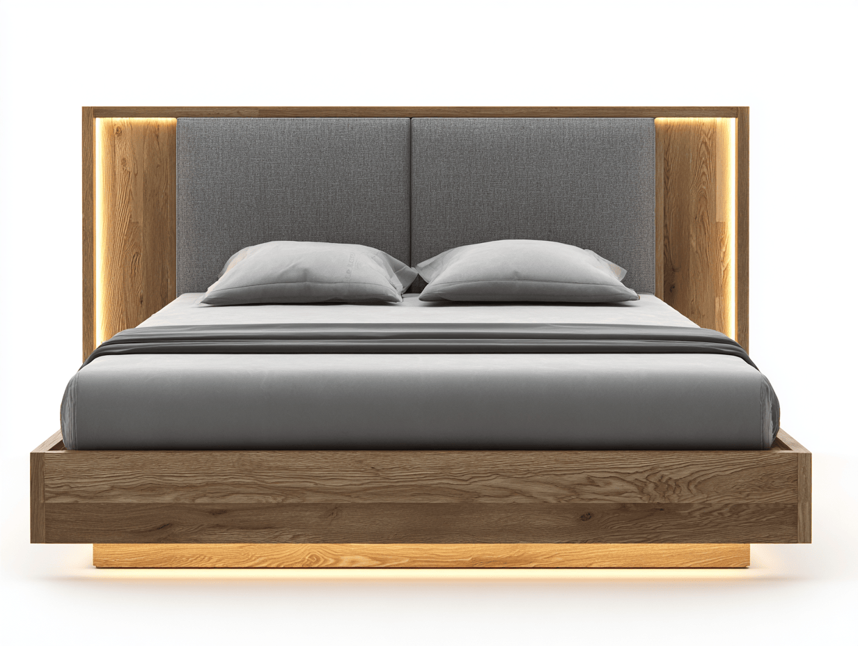 Lit double en bois et tissu 160×200 cm – gris – avec éclairage LED intégré-Nicheena