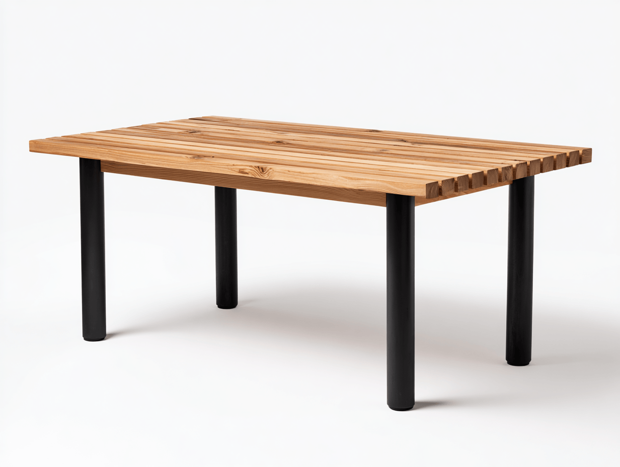 Table de jardin rectangulaire – plateau en bois à lattes – pieds cylindriques en métal noir-Nicheena