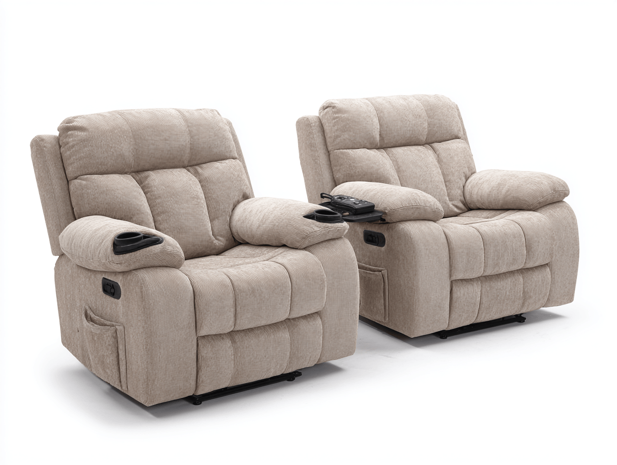 Ensemble de 2 fauteuils relax – tissu beige – assises inclinables avec porte-gobelets et rangements-Nicheena