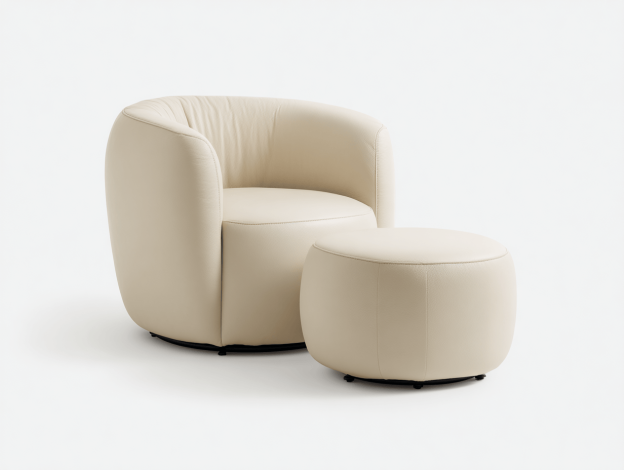 Fauteuil en similicuir blanc avec repose-pieds – design arrondi moderne – confort compact-Nicheena