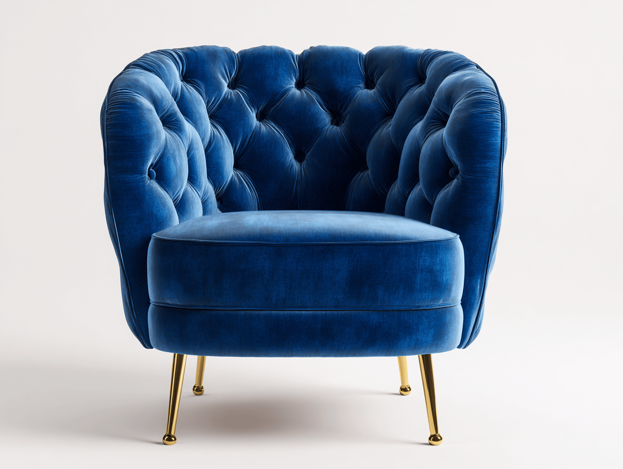 Fauteuil en velours – bleu – style capitonné avec pieds dorés-Nicheena