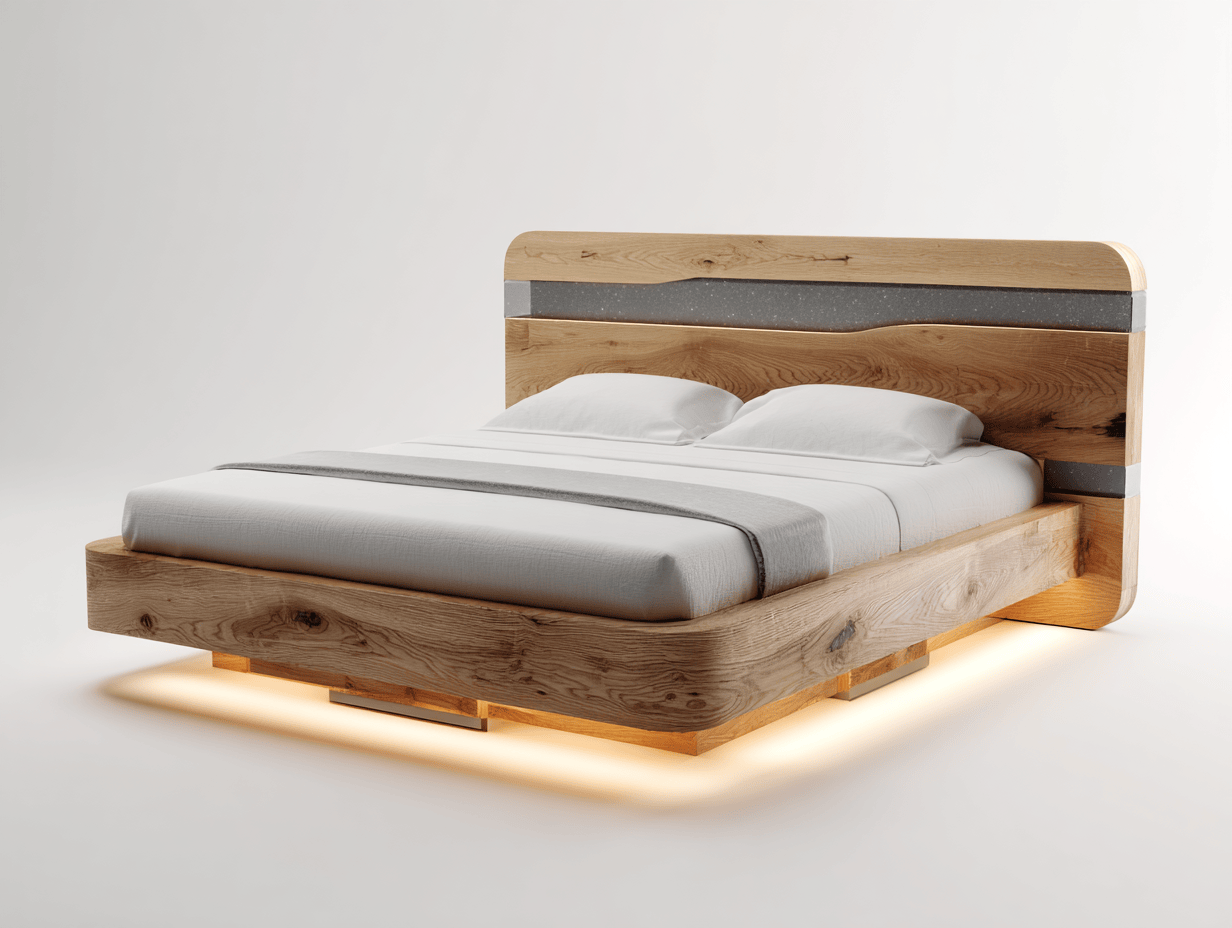 Lit double en bois 160×200 cm – chêne naturel avec bande grise – tête de lit arrondie et éclairage LED intégré-Nicheena