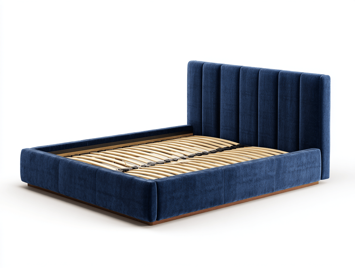 Lit double en velours 160×200 cm – bleu – avec sommier à lattes et tête de lit rembourrée-Nicheena