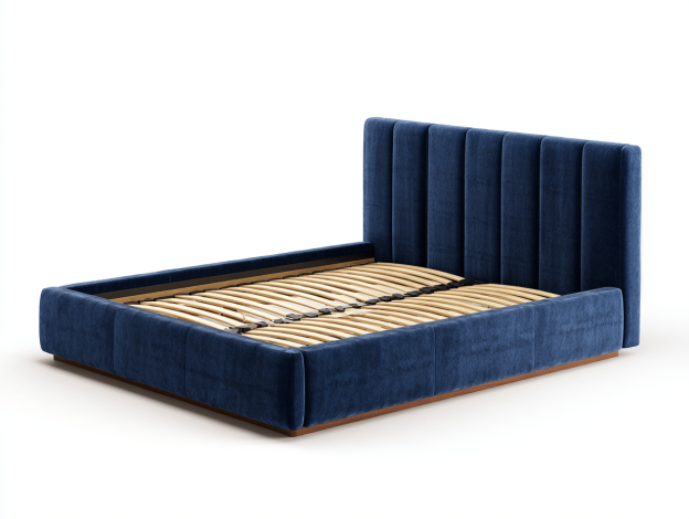 Lit double en velours 160×200 cm – bleu – avec sommier à lattes et tête de lit rembourrée-Nicheena