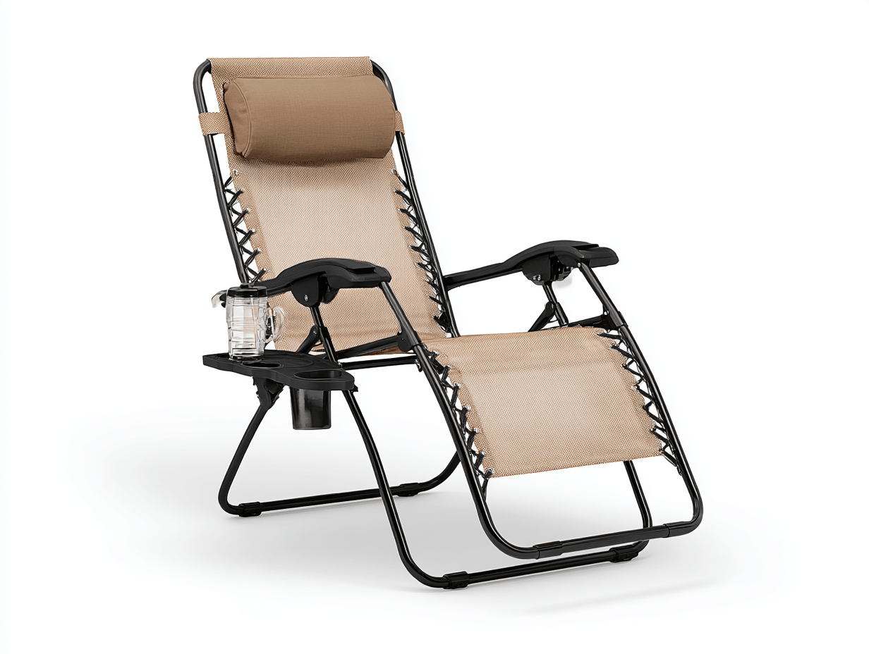 Chaise longue de jardin pliable – structure métal noir et toile beige – avec appuie-tête et plateau porte-gobelet-Nicheena