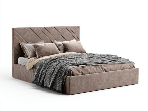 Lit double en velours 160×200 cm – taupe – tête de lit capitonnée en losange – avec parure de lit complète-Nicheena