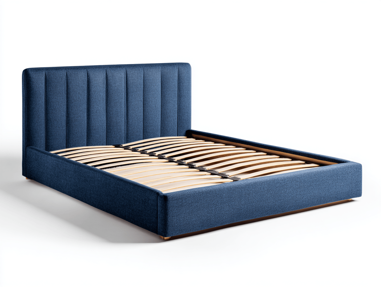 Lit double en tissu 160×200 cm – bleu – avec sommier à lattes et tête de lit rembourrée-Nicheena