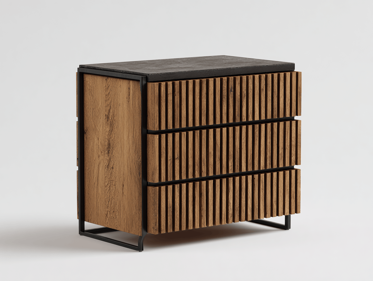 Commode bois chêne et métal noir 80×45×90 cm – 3 tiroirs rainurés – style industriel moderne-Nicheena