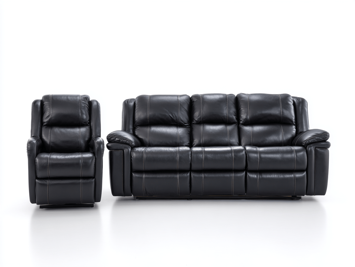 Canapé 3 places et fauteuil – cuir synthétique noir – style moderne – avec fonction relax-Nicheena