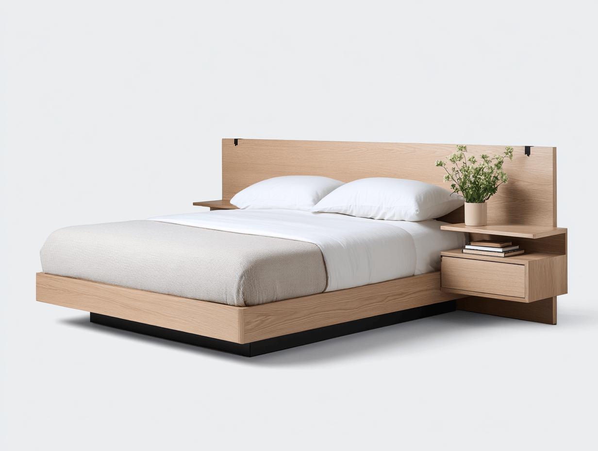 Lit double en bois 160×200 cm – chêne clair – tête de lit moderne avec tables de chevet suspendues-Nicheena