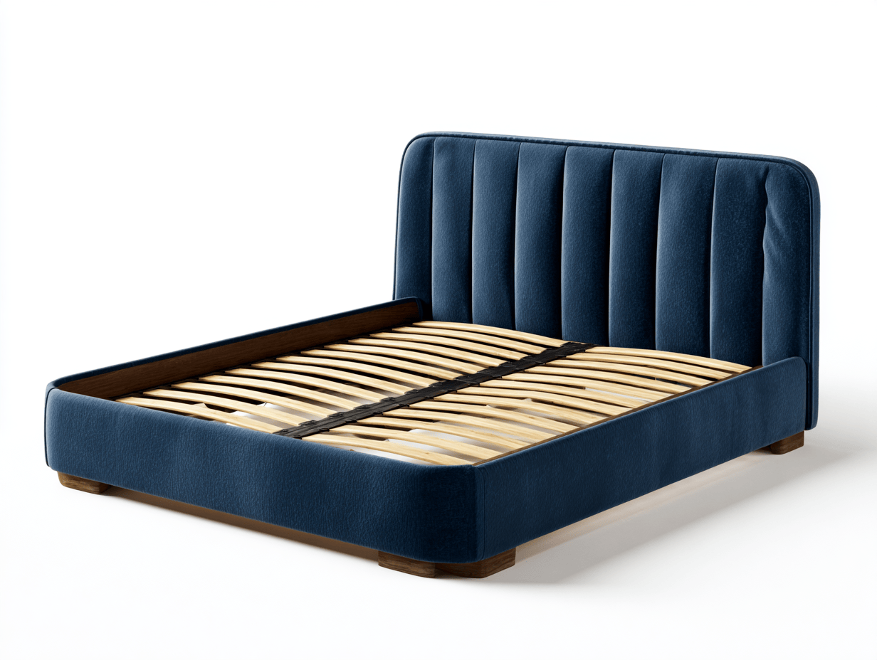 Lit double en velours 160×200 cm – bleu – avec sommier à lattes en bois-Nicheena