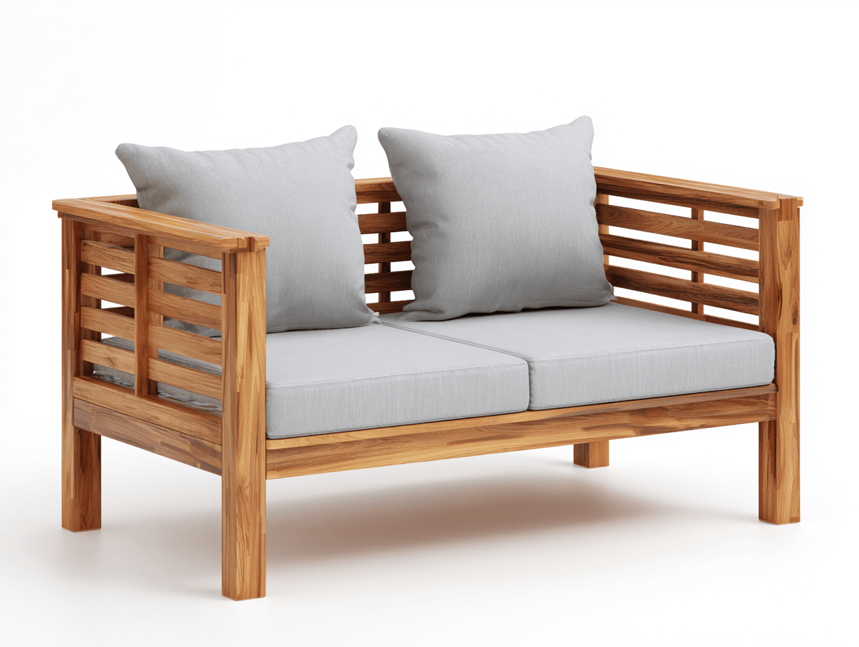 Canapé de jardin 2 places – bois naturel et coussins gris – style rustique – usage extérieur-Nicheena