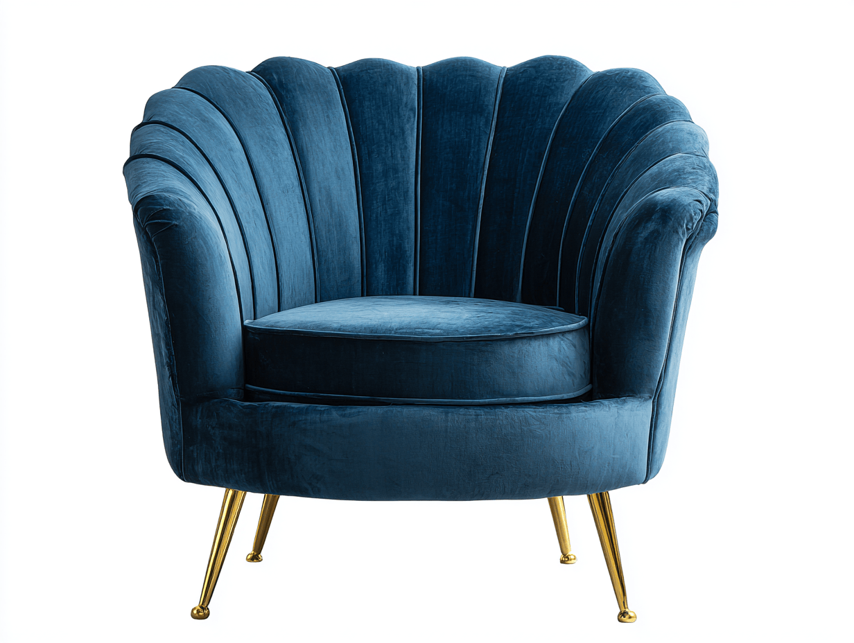 Fauteuil en velours – bleu – style coquillage avec pieds dorés-Nicheena