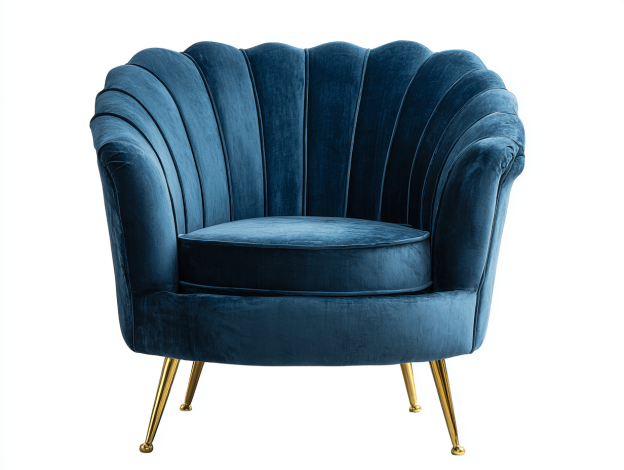 Fauteuil en velours – bleu – style coquillage avec pieds dorés-Nicheena