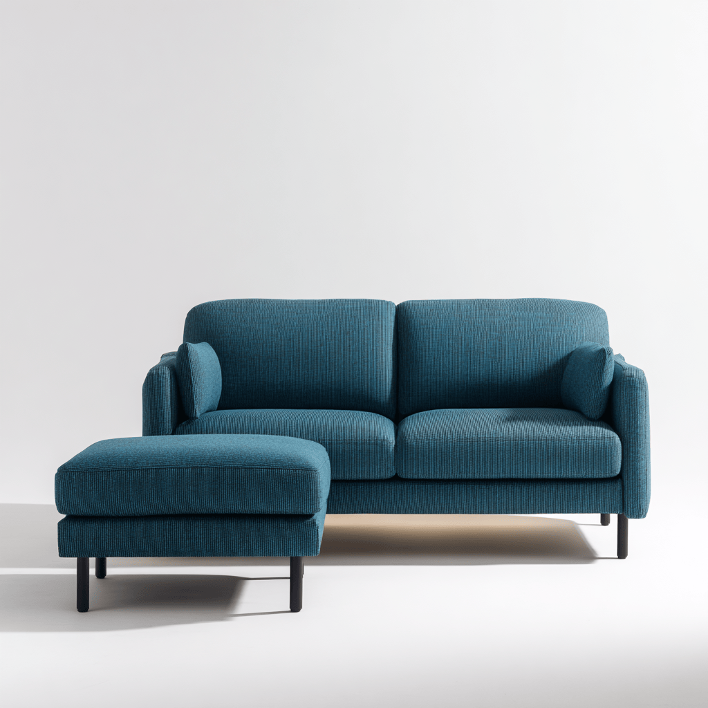 Ensemble canapé 2 places avec repose-pieds – tissu bleu – style scandinave – avec coussins latéraux-Nicheena