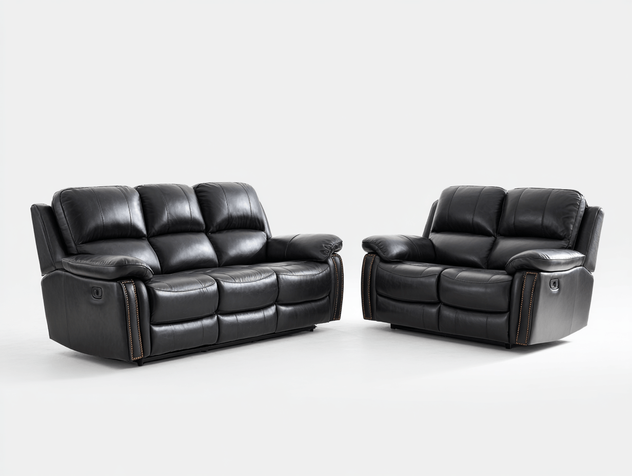 Ensemble canapé relax 3 places et 2 places en cuir noir – assises inclinables – style moderne avec surpiqûres-Nicheena