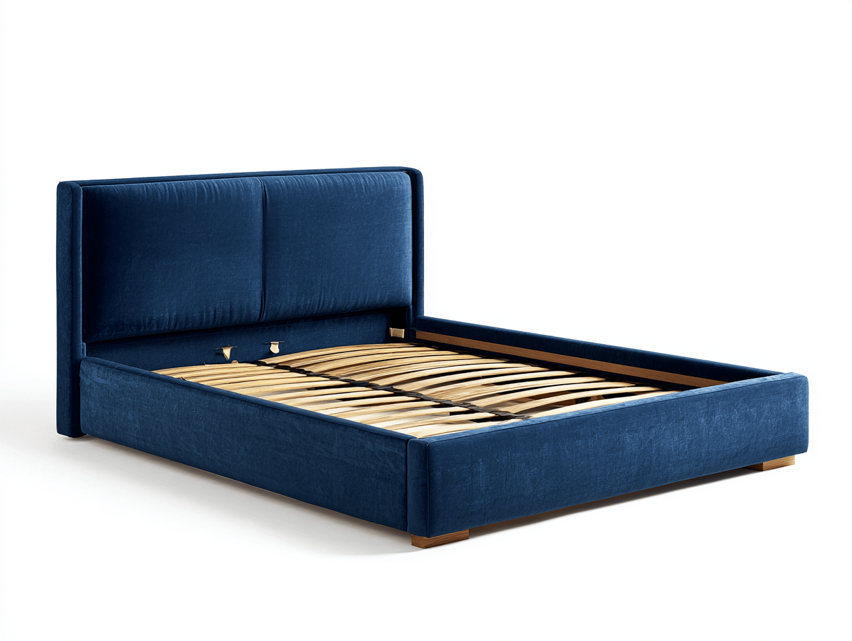 Lit double en velours 160×200 cm – bleu – avec sommier à lattes et tête de lit matelassée-Nicheena