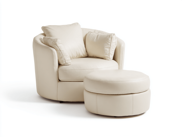 Fauteuil en similicuir blanc avec repose-pieds – design arrondi moderne – avec 3 coussins décoratifs-Nicheena