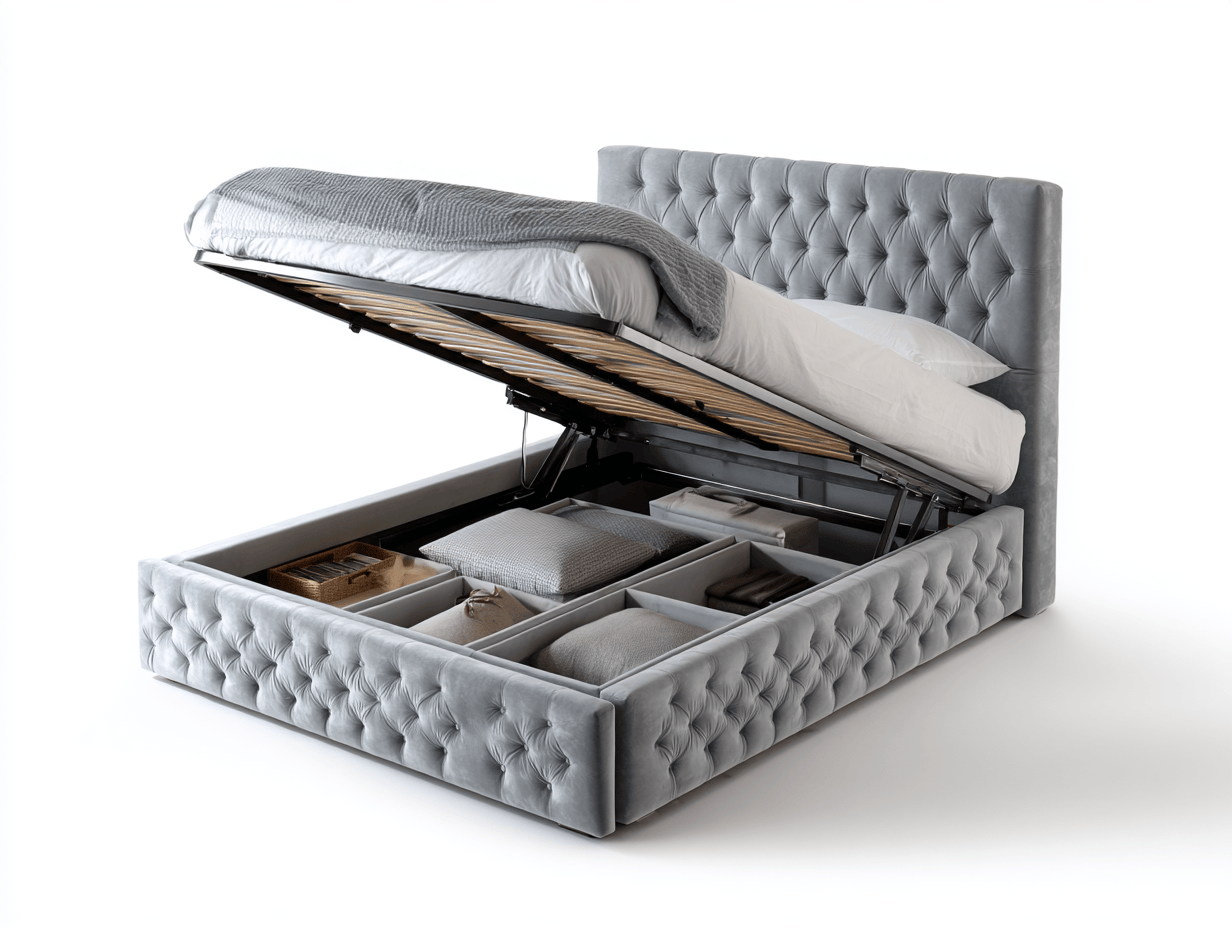 Lit double capitonné en tissu 160×200 cm – gris – avec coffre de rangement relevable-Nicheena