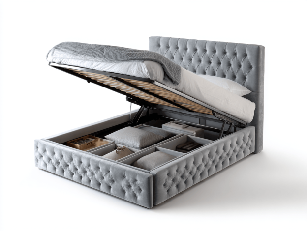 Lit double capitonné en tissu 160×200 cm – gris – avec coffre de rangement relevable-Nicheena
