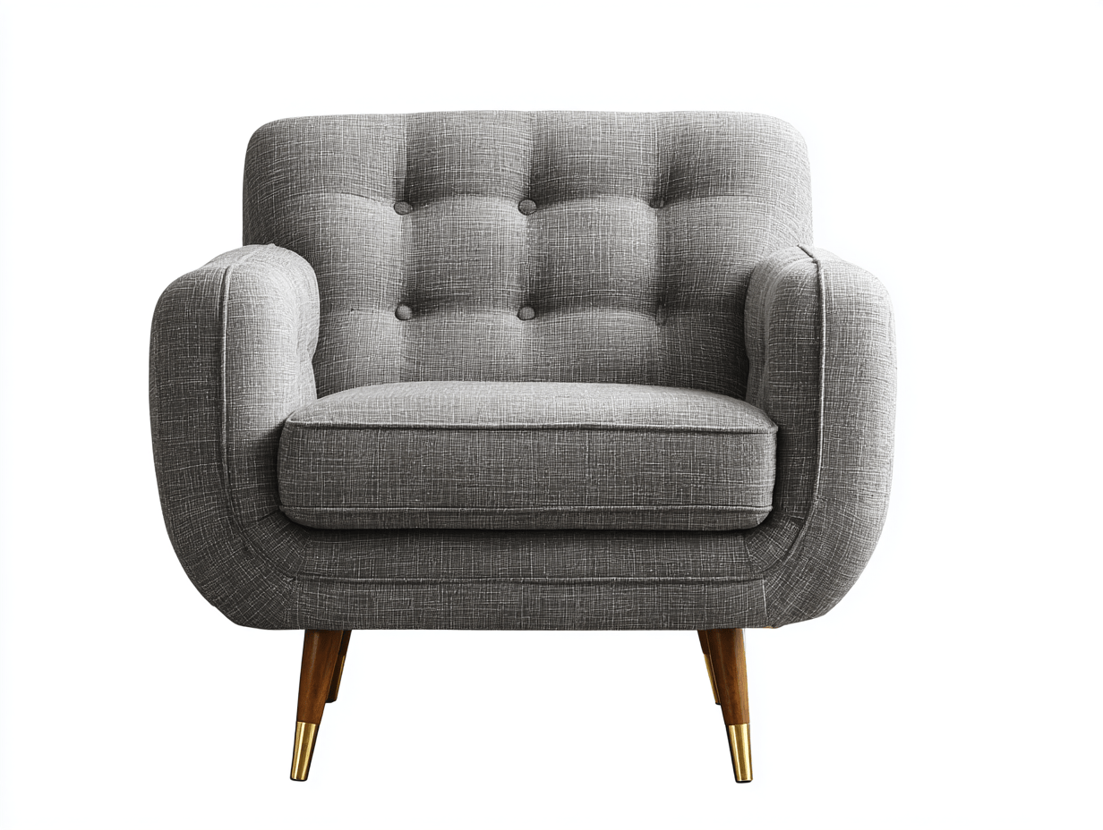 Fauteuil en tissu gris 90×85 cm – style contemporain capitonné avec pieds en bois et embouts métalliques-Nicheena