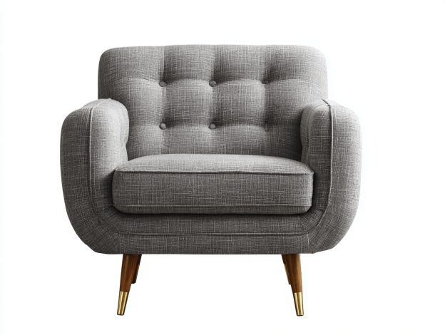 Fauteuil en tissu gris 90×85 cm – style contemporain capitonné avec pieds en bois et embouts métalliques-Nicheena