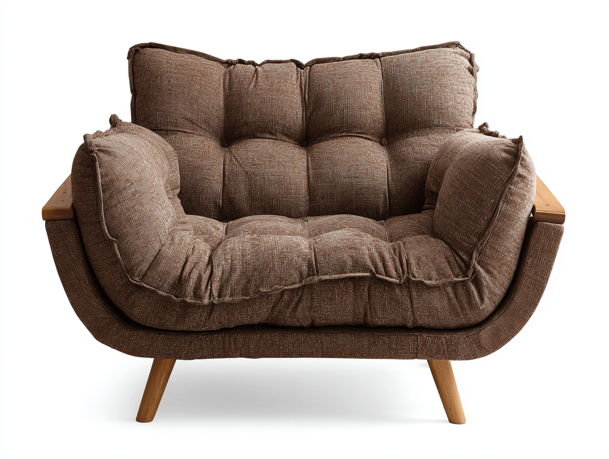 Fauteuil en tissu brun 110×90 cm – design capitonné avec accoudoirs rembourrés et pieds en bois-Nicheena