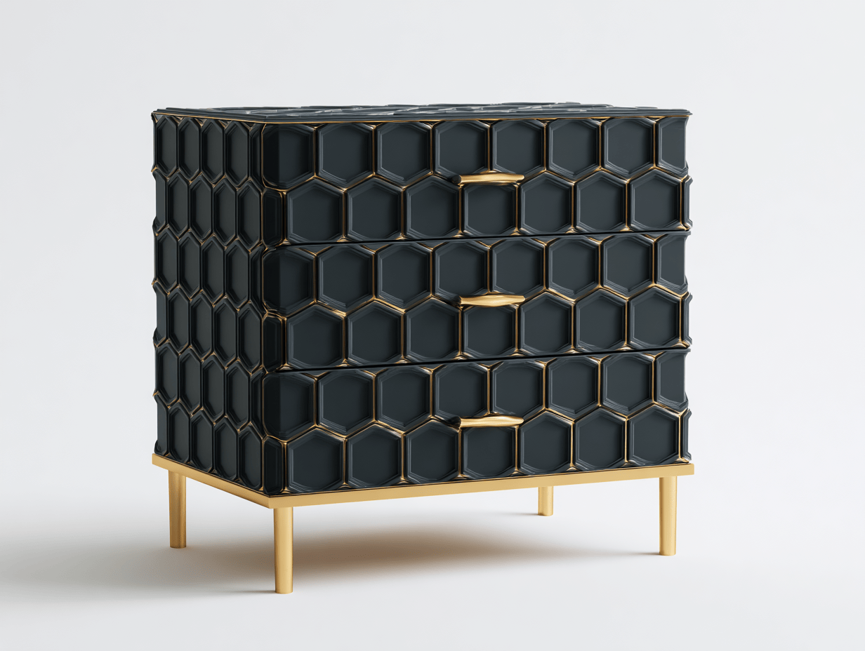 Commode 3 tiroirs – noir et doré – design alvéolé moderne-Nicheena