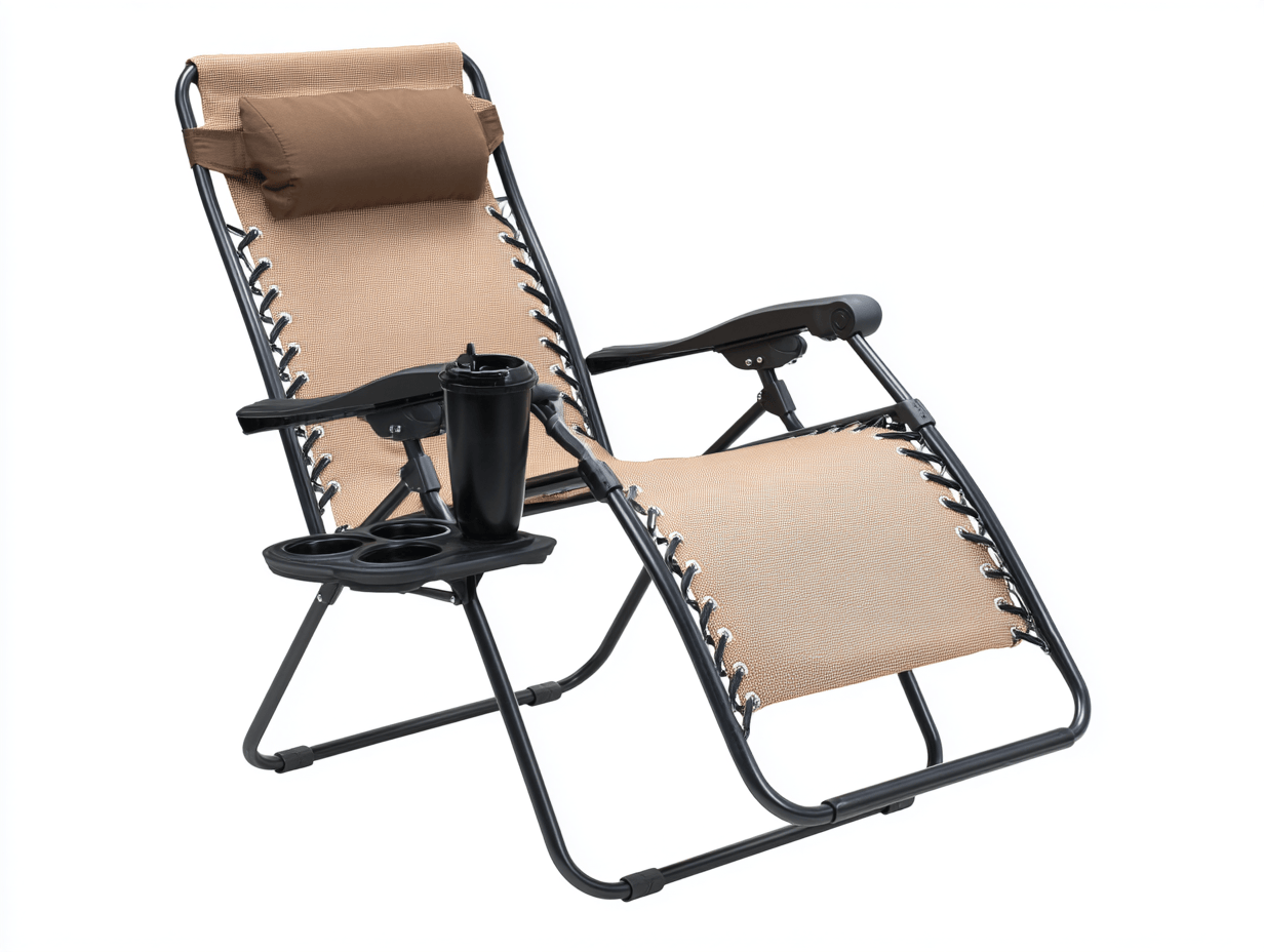 Chaise longue de jardin pliable – structure métal noir et toile beige – avec appuie-tête et porte-gobelet-Nicheena