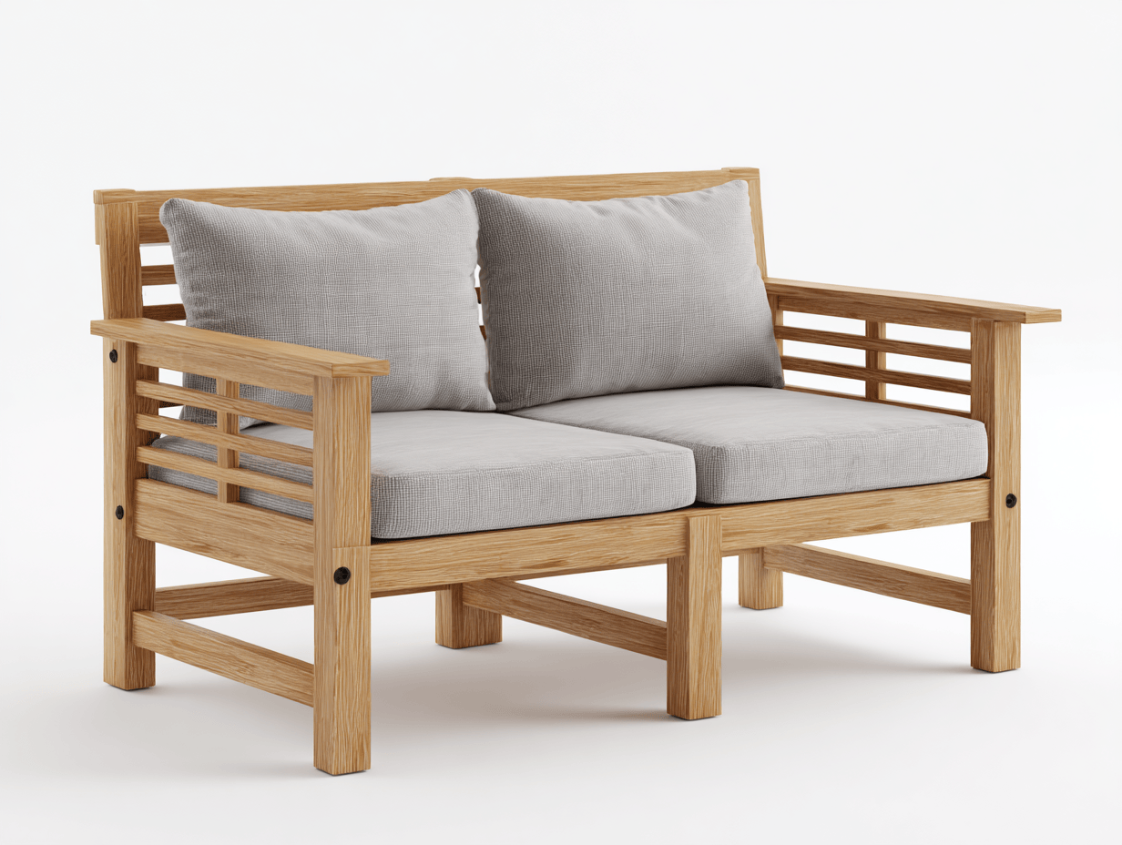 Canapé de jardin 2 places – bois naturel et coussins gris – style moderne – usage extérieur-Nicheena