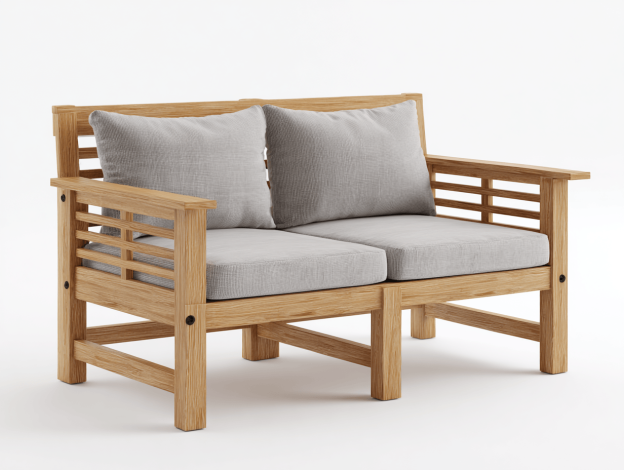 Canapé de jardin 2 places – bois naturel et coussins gris – style moderne – usage extérieur-Nicheena