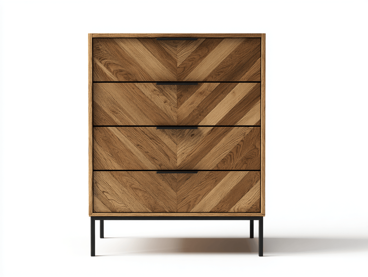 Commode en chêne motif chevron 80×40×105 cm – 4 tiroirs – style moderne avec piètement en métal noir-Nicheena