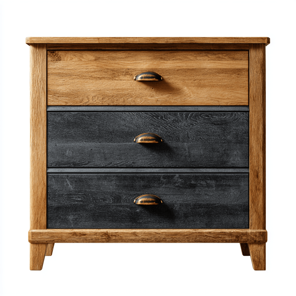 Commode 3 tiroirs – chêne clair et noir – poignées métal vintage – style rustique industriel-Nicheena