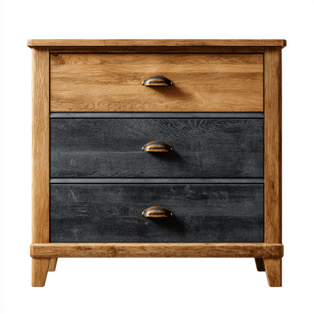 Commode 3 tiroirs – chêne clair et noir – poignées métal vintage – style rustique industriel-Nicheena