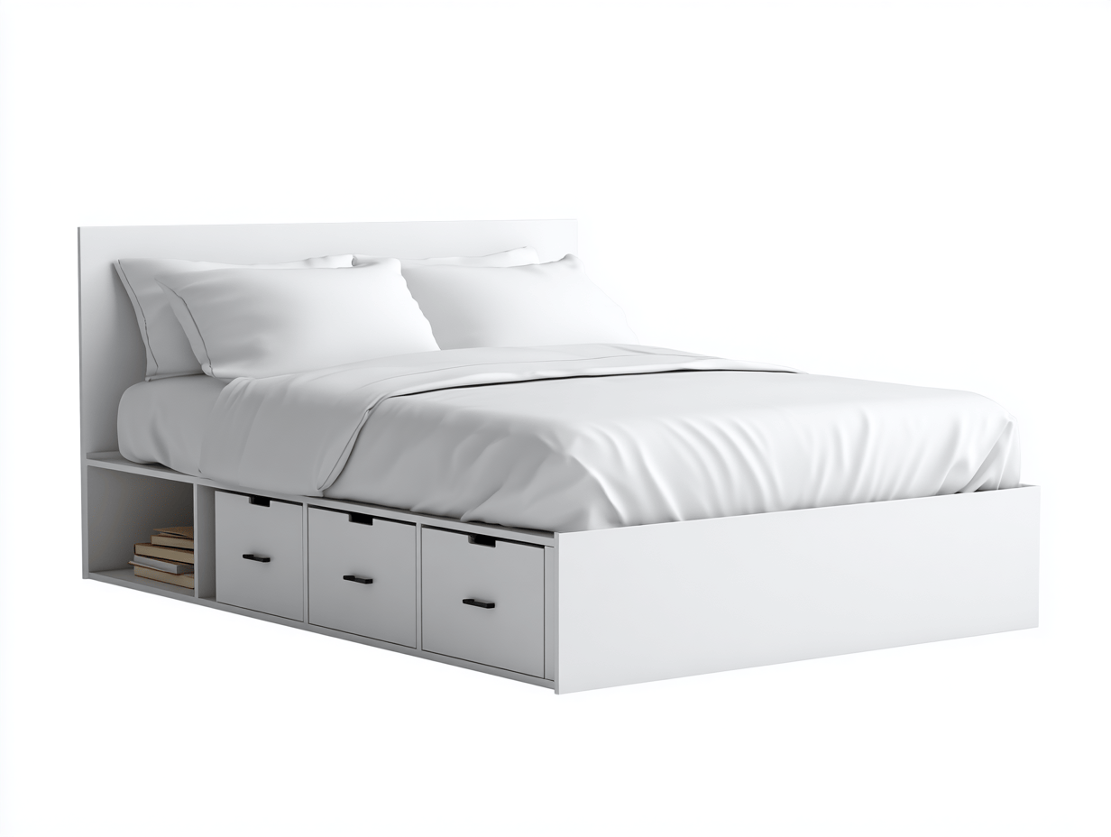 lit double avec rangements – bois blanc 140×200 cm – trois tiroirs latéraux et niches ouvertes – avec linge de lit blanc – style moderne minimaliste-Nicheena