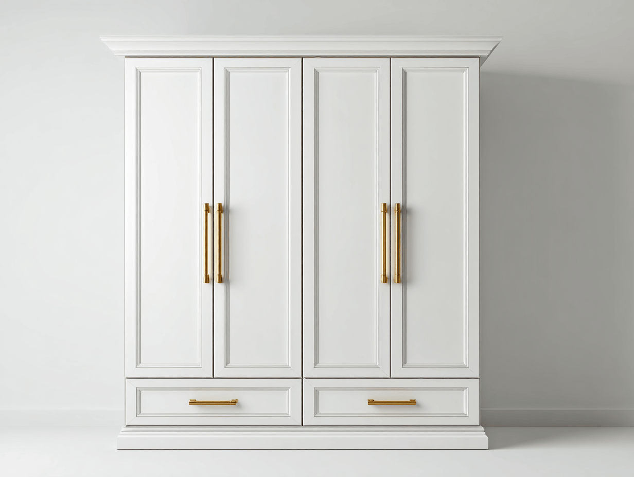 Armoire en bois 200×160×60 cm – blanc avec poignées dorées – design classique avec quatre portes et deux grands tiroirs-Nicheena