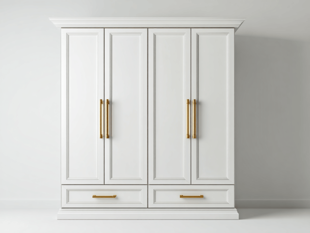 Armoire en bois 200×160×60 cm – blanc avec poignées dorées – design classique avec quatre portes et deux grands tiroirs-Nicheena