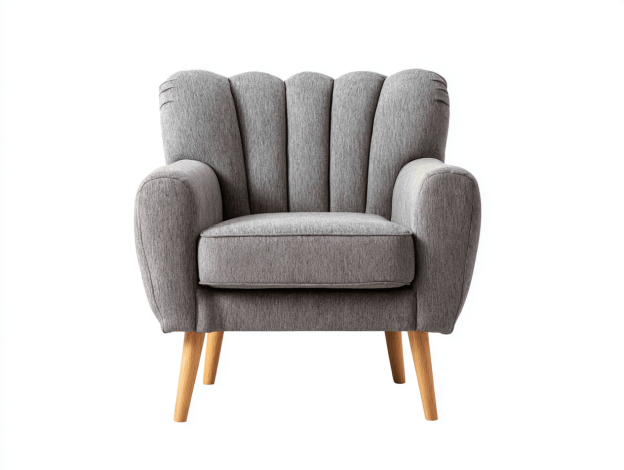 Fauteuil en tissu gris 85×80 cm – style moderne capitonné avec dossier coquille et pieds en bois-Nicheena