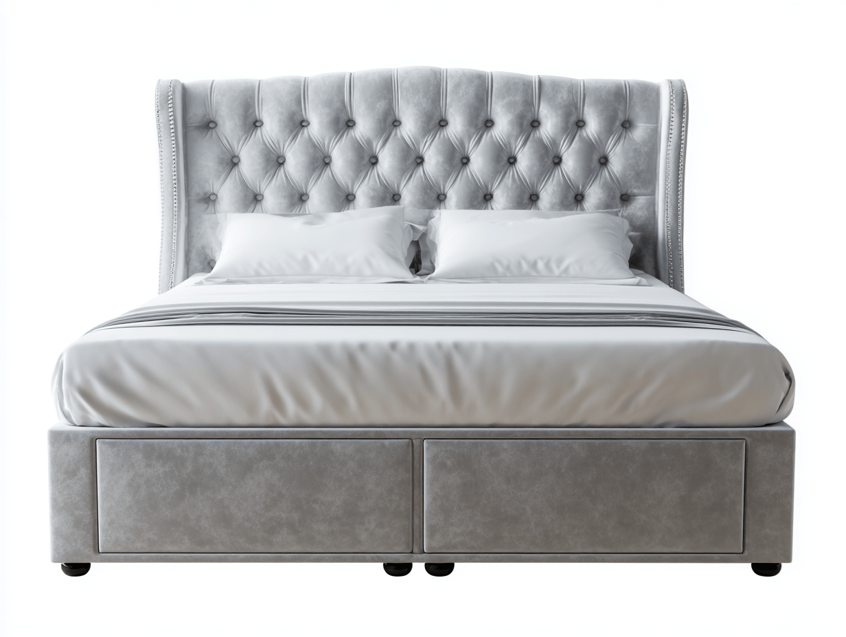 Lit double capitonné en tissu 160×200 cm – gris – avec tiroirs de rangement-Nicheena