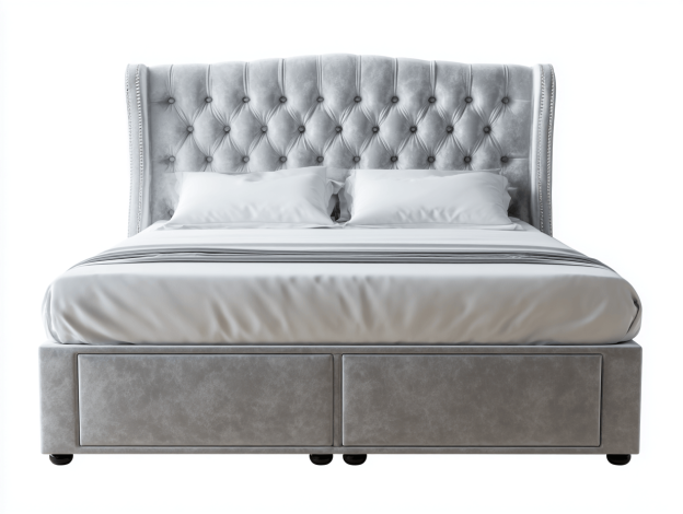 Lit double capitonné en tissu 160×200 cm – gris – avec tiroirs de rangement-Nicheena