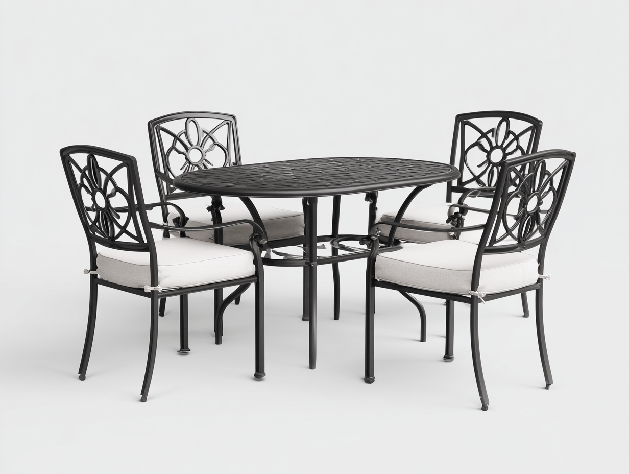 Ensemble salle à manger de jardin en aluminium 4 places – coussins beiges – table ovale ajourée style classique-Nicheena