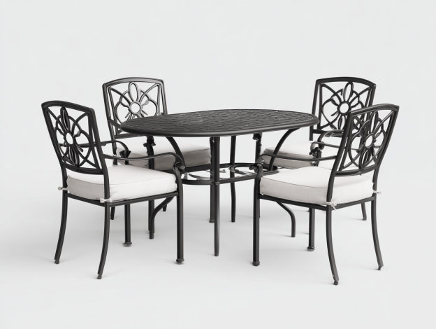 Ensemble salle à manger de jardin en aluminium 4 places – coussins beiges – table ovale ajourée style classique-Nicheena