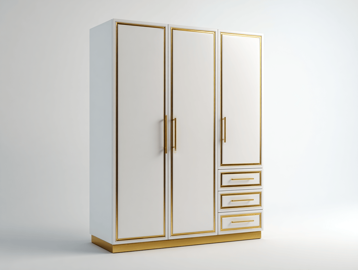 Armoire en bois 184×108×55 cm – blanc avec bordures dorées – design élégant avec trois portes et trois tiroirs-Nicheena
