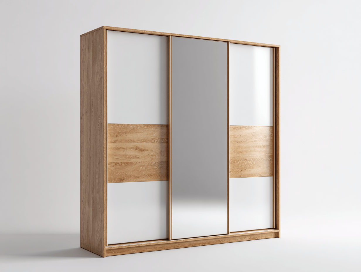 Armoire bois 180×220 cm – chêne clair et blanc – portes coulissantes avec miroir central-Nicheena