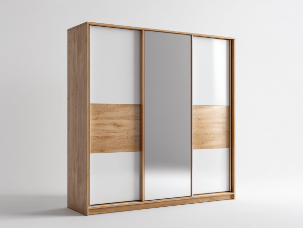 Armoire bois 180×220 cm – chêne clair et blanc – portes coulissantes avec miroir central-Nicheena